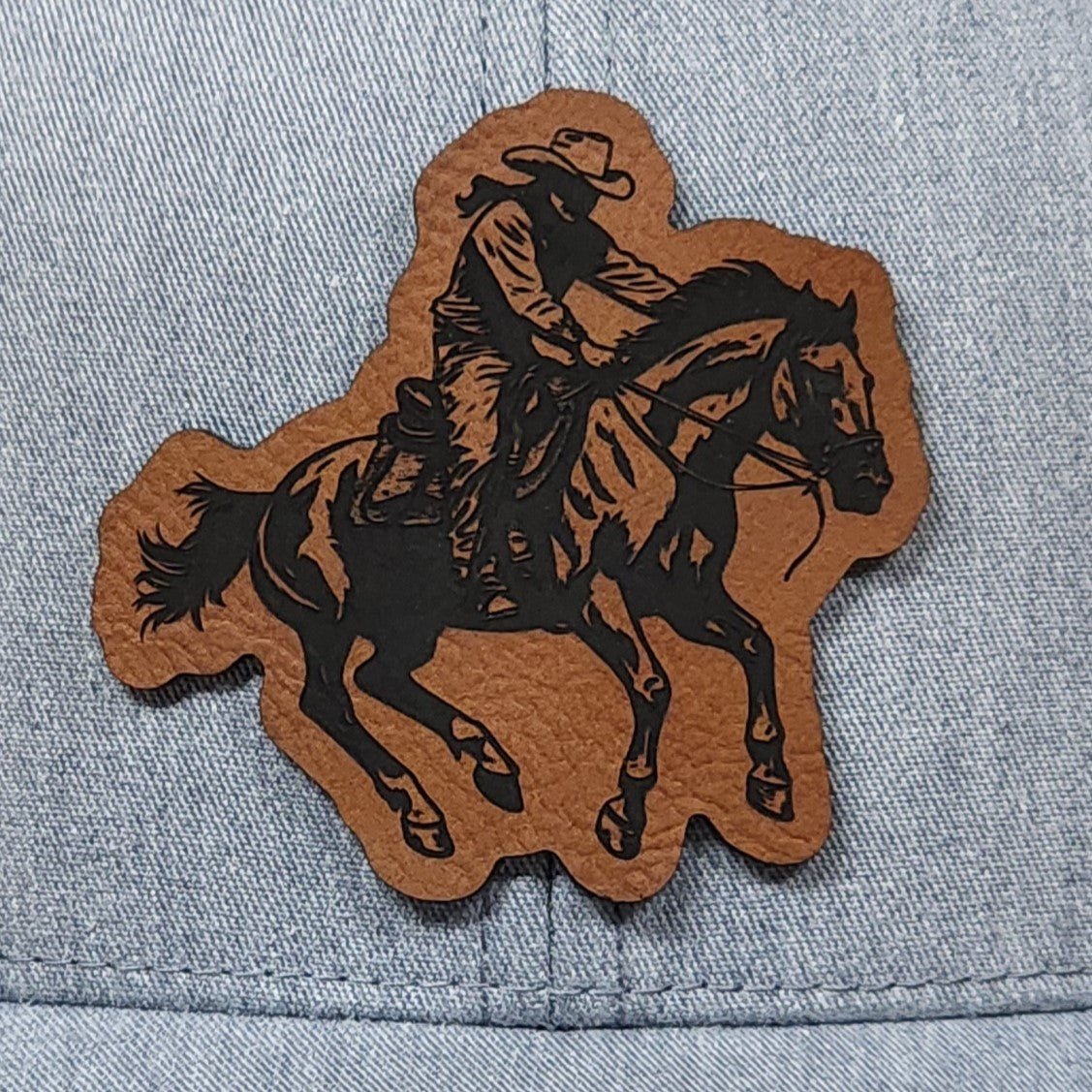 Cowboy Riding Engraved Leatherette Hat Patch - MR01 - LoneStar Adhesive