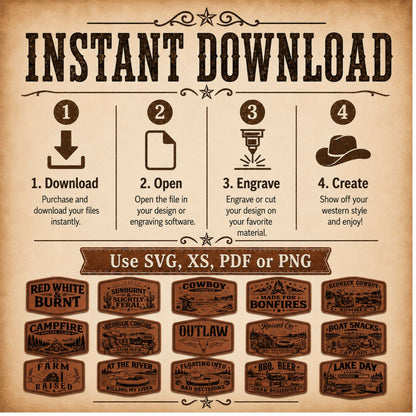 Cowboy Summer Hat Patch SVG Bundle, Western Leatherette Laser Files, 4x2.5 Engraved Patch Designs, XS PNG PDF, Bonus Red White Burnt - LoneStar Adhesive