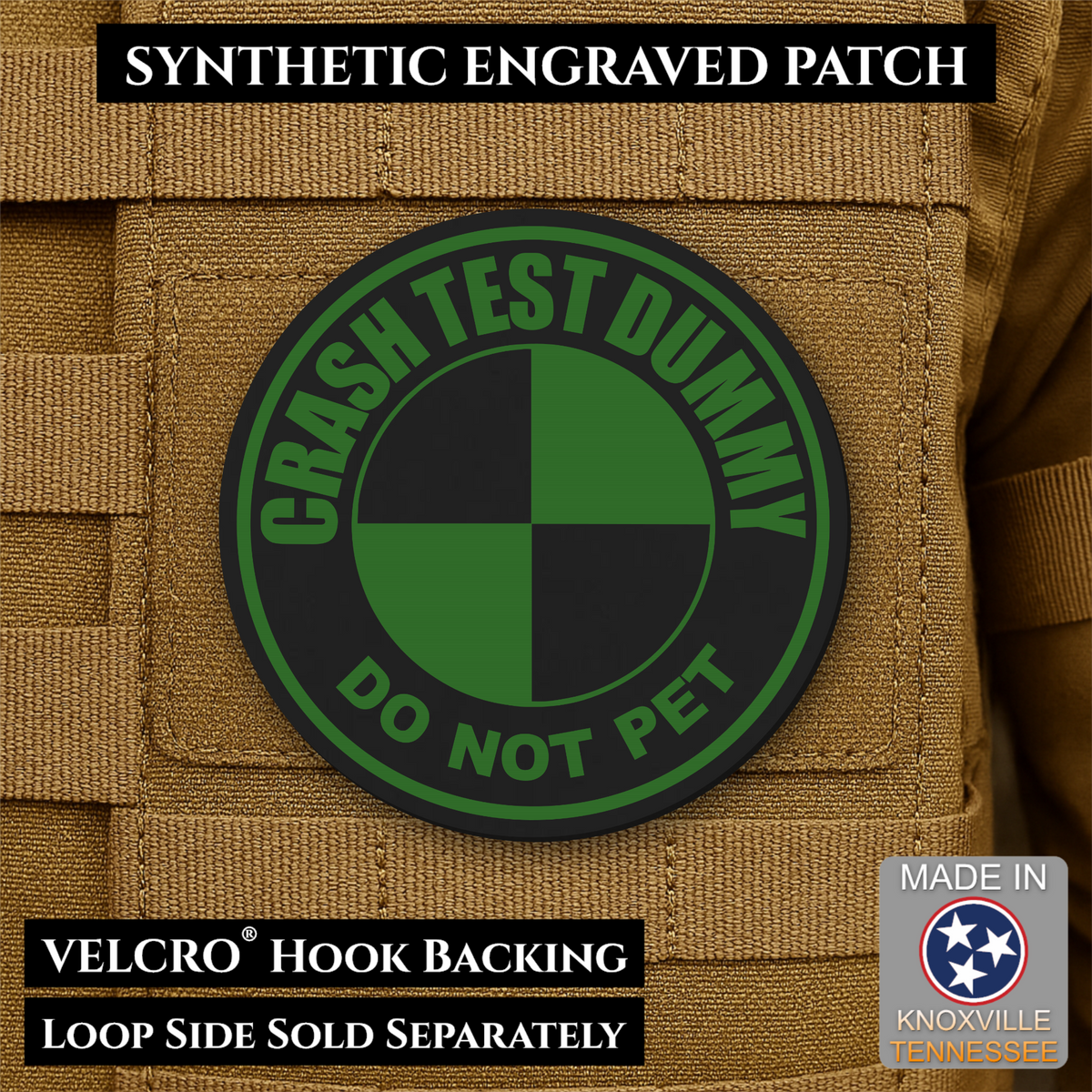 Front design and hook backing of Crash Test Dummy patch in black / green