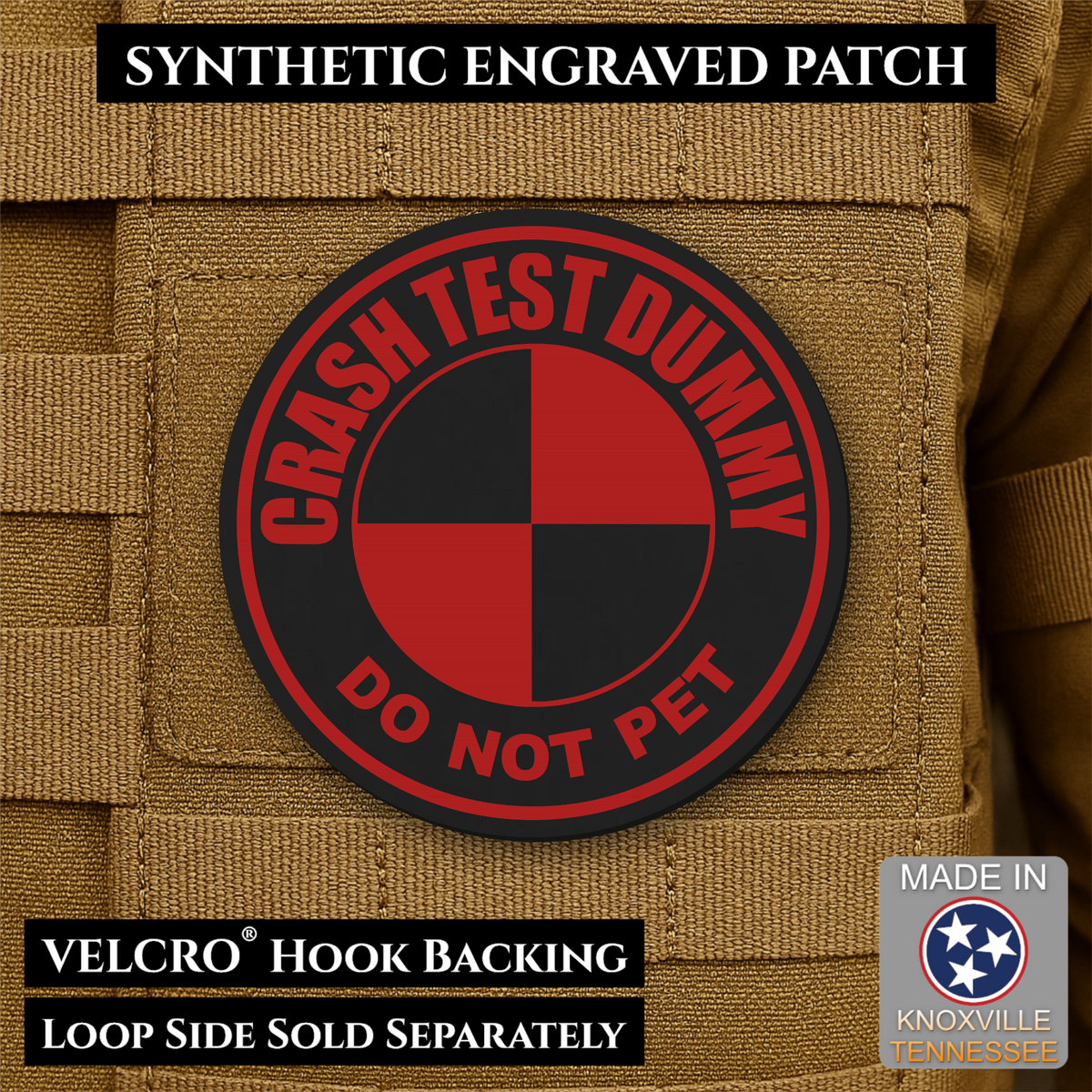 Front design and hook backing of Crash Test Dummy patch in black / red