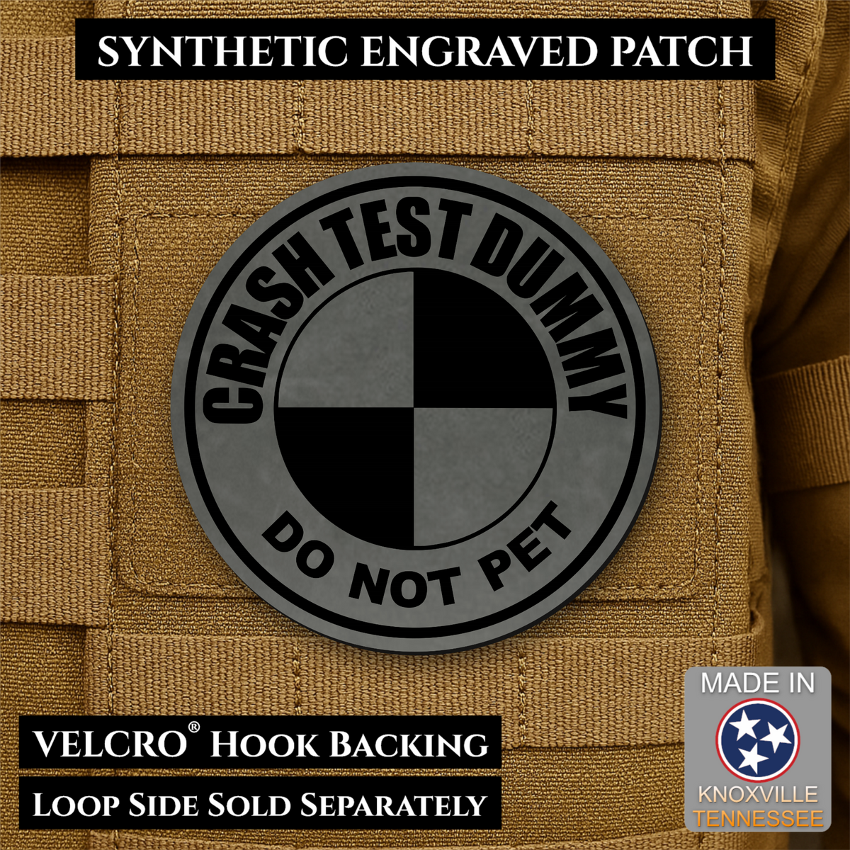 Front design and hook backing of Crash Test Dummy patch in charcoal gray