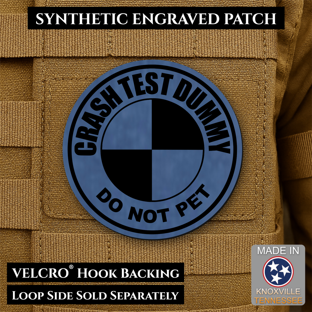 Front design and hook backing of Crash Test Dummy patch in indigo blue