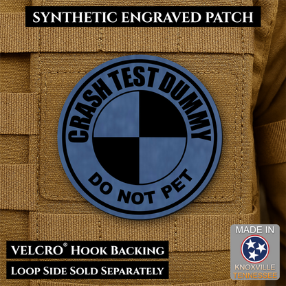 Front design and hook backing of Crash Test Dummy patch in indigo blue