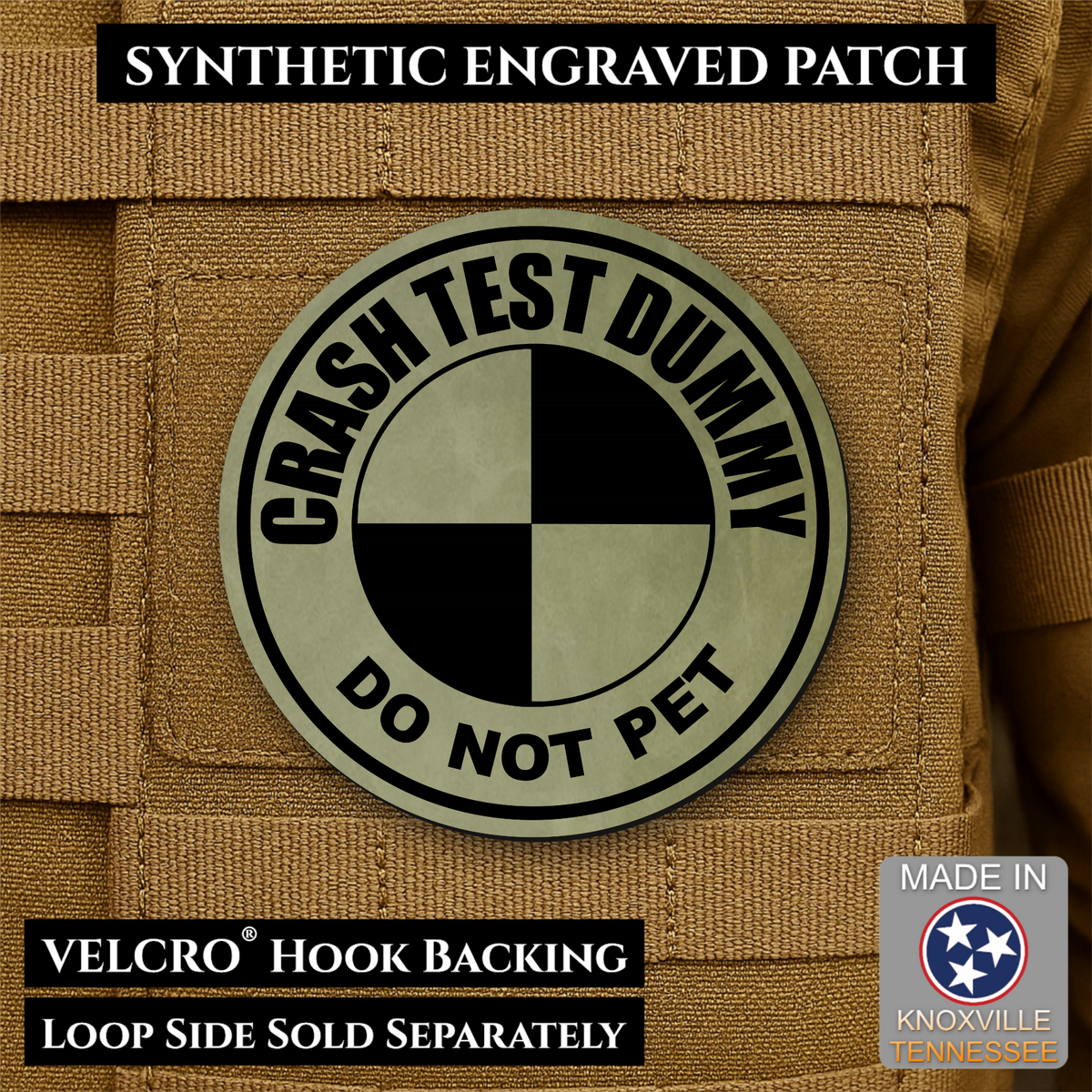 Front design and hook backing of Crash Test Dummy patch in olive green