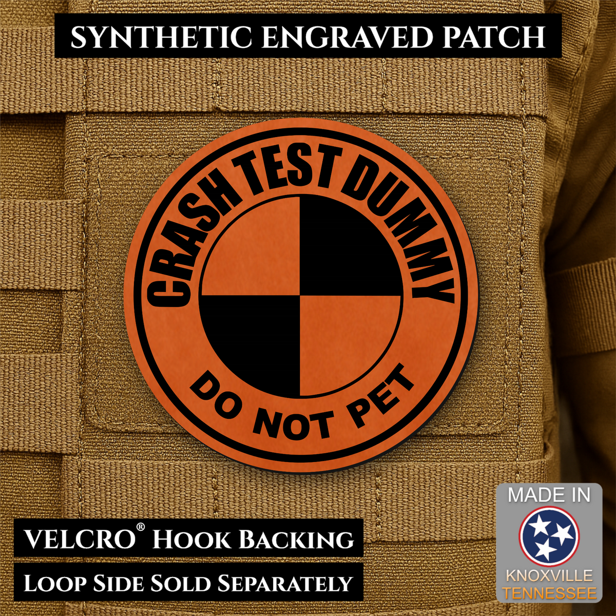 Front design and hook backing of Crash Test Dummy patch in orange