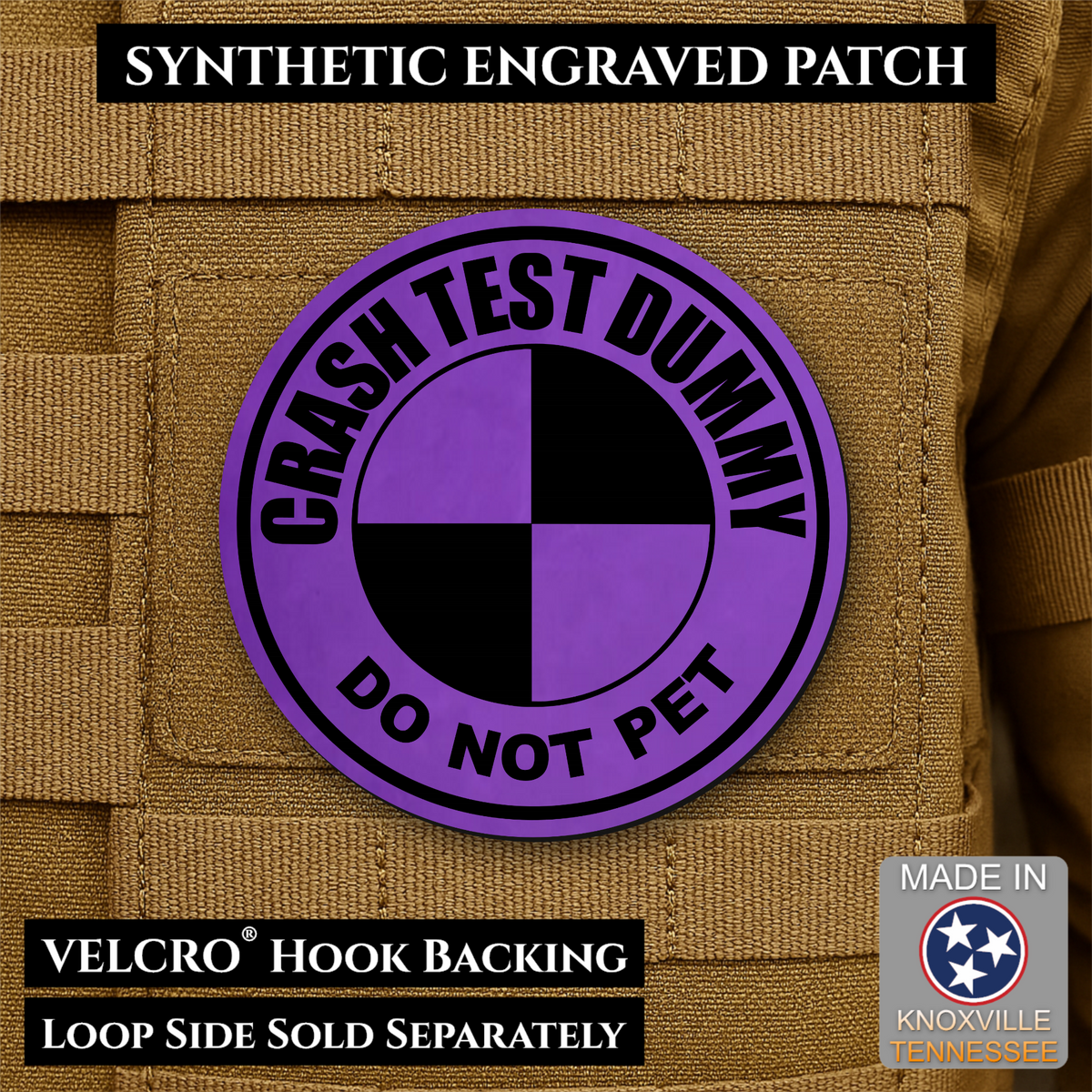 Front design and hook backing of Crash Test Dummy patch in purple