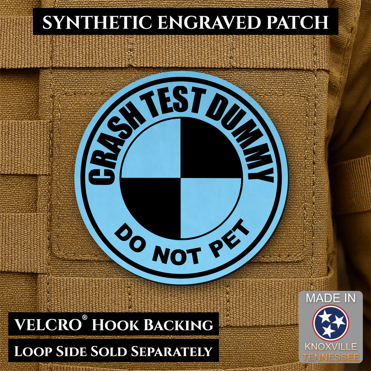 Front design and hook backing of Crash Test Dummy patch in sky blue