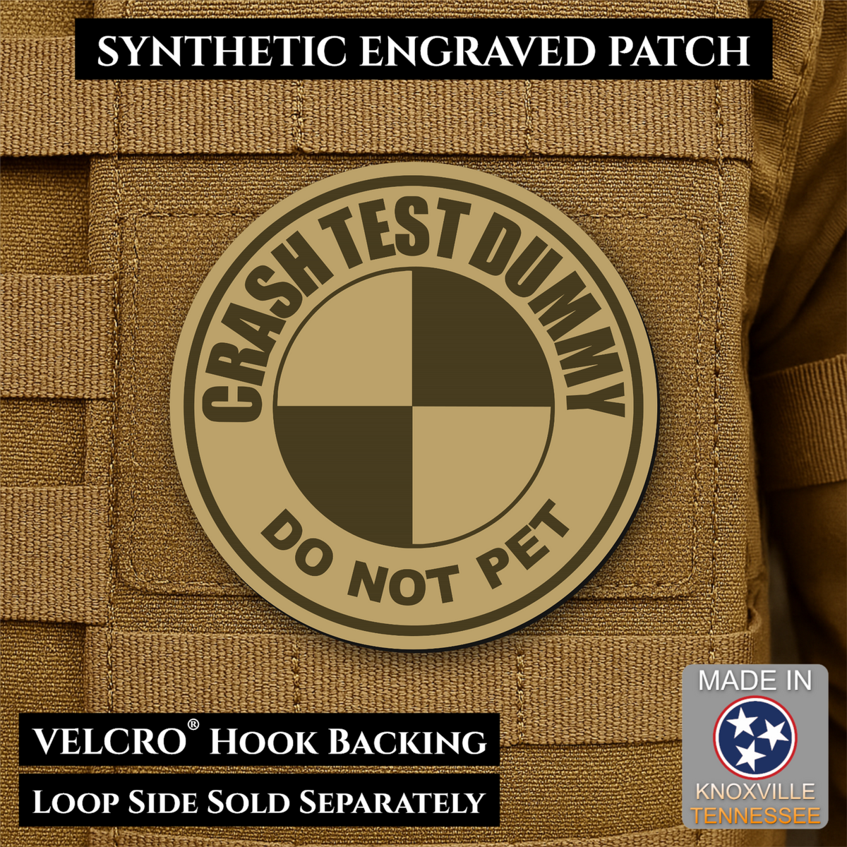 Front design and hook backing of Crash Test Dummy patch in desert tan
