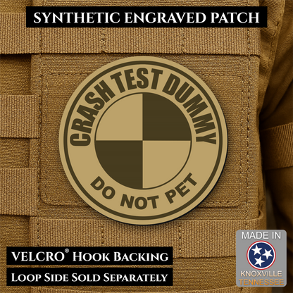 Front design and hook backing of Crash Test Dummy patch in desert tan