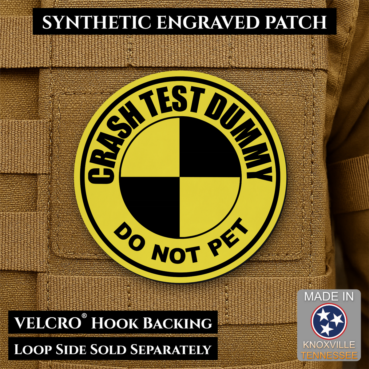 Front design and hook backing of Crash Test Dummy patch in yellow