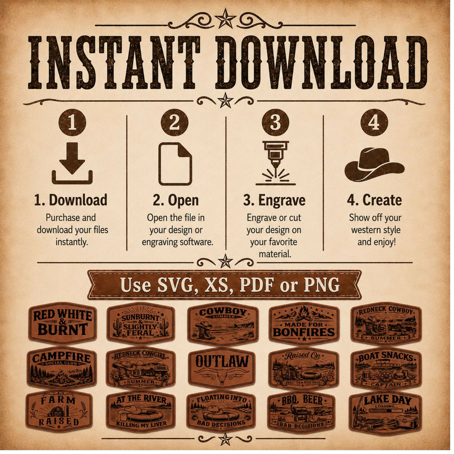 Cowboy Summer Hat Patch SVG Bundle, Western Leatherette Laser Files, 4x2.5 Engraved Patch Designs, XS PNG PDF, Bonus Red White Burnt