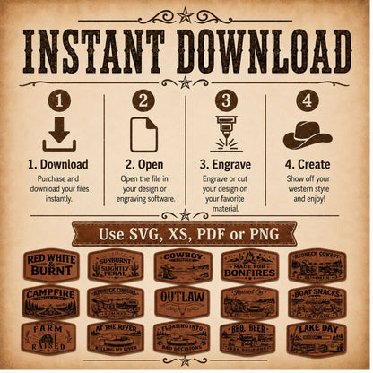 Cowboy Summer Hat Patch SVG Bundle, Western Leatherette Laser Files, 4x2.5 Engraved Patch Designs, XS PNG PDF, Bonus Red White Burnt