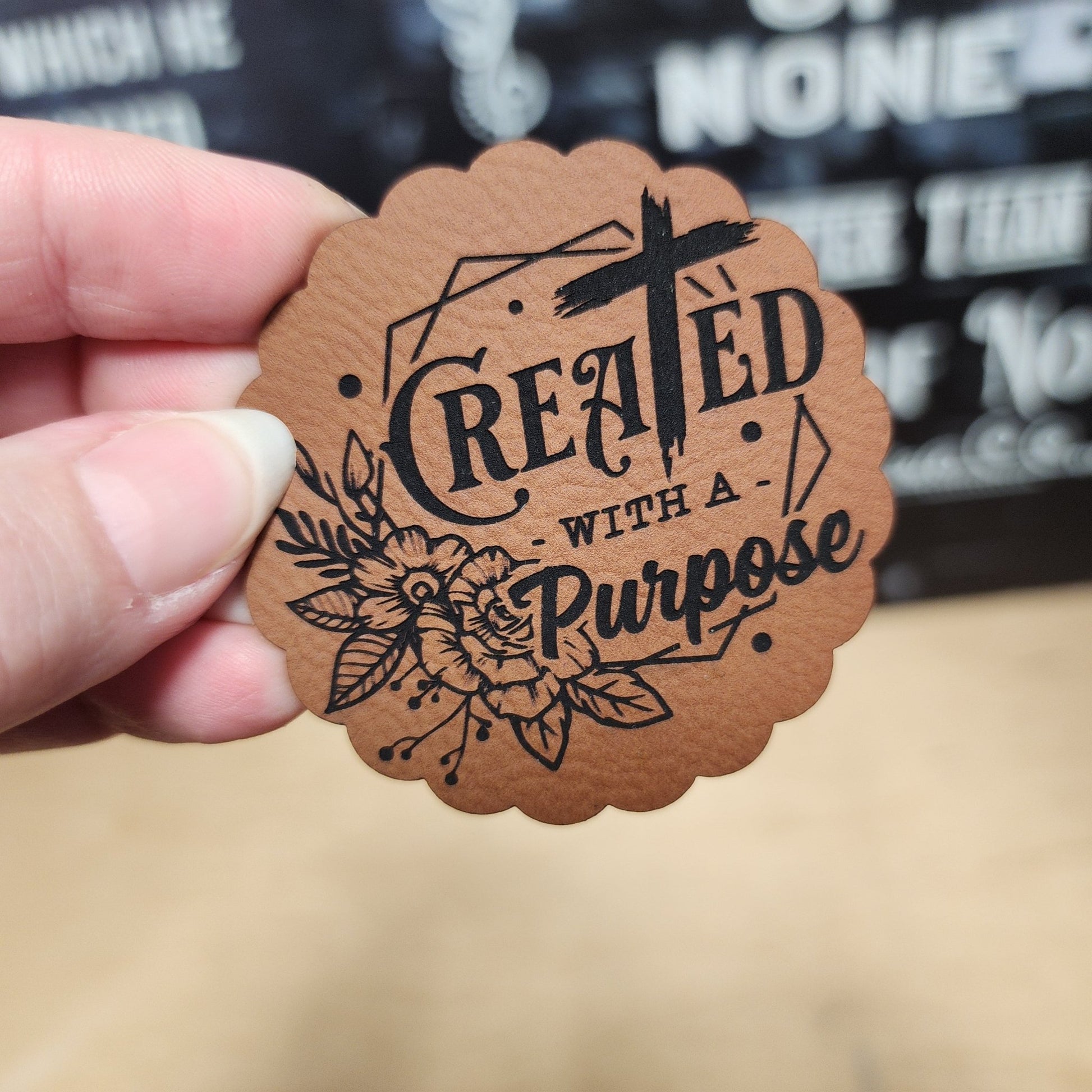 Created with a Purpose (Rawhide) Engraved Leatherette Hat Patch - MR01 - LoneStar Adhesive