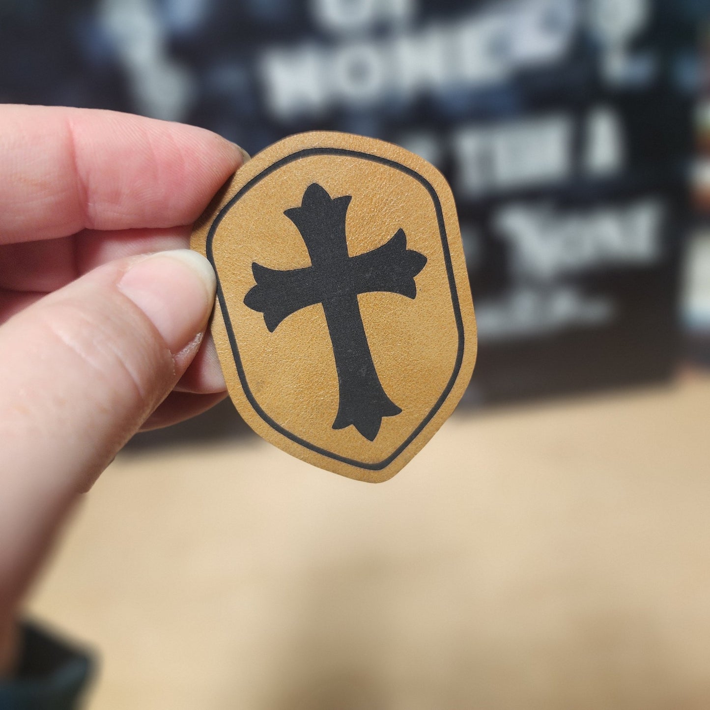 Cross Shield Engraved Leatherette Hat Patch - MR01 - LoneStar Adhesive