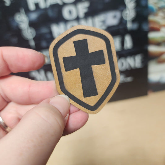 Cross Shield Engraved Leatherette Hat Patch - MR01 - LoneStar Adhesive