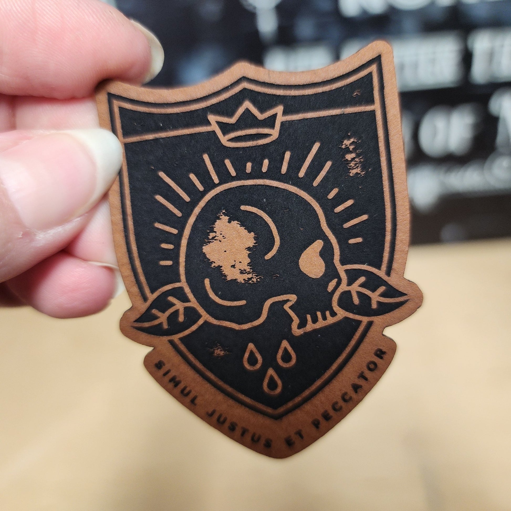 Crowned Skull Badge Engraved Leatherette Hat Patch - MR01 - LoneStar Adhesive