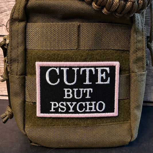 Cute But Psycho Funny Morale Patch, 2x3" | Made in USA | VELCRO® Brand Hook Backing - LoneStar Adhesive