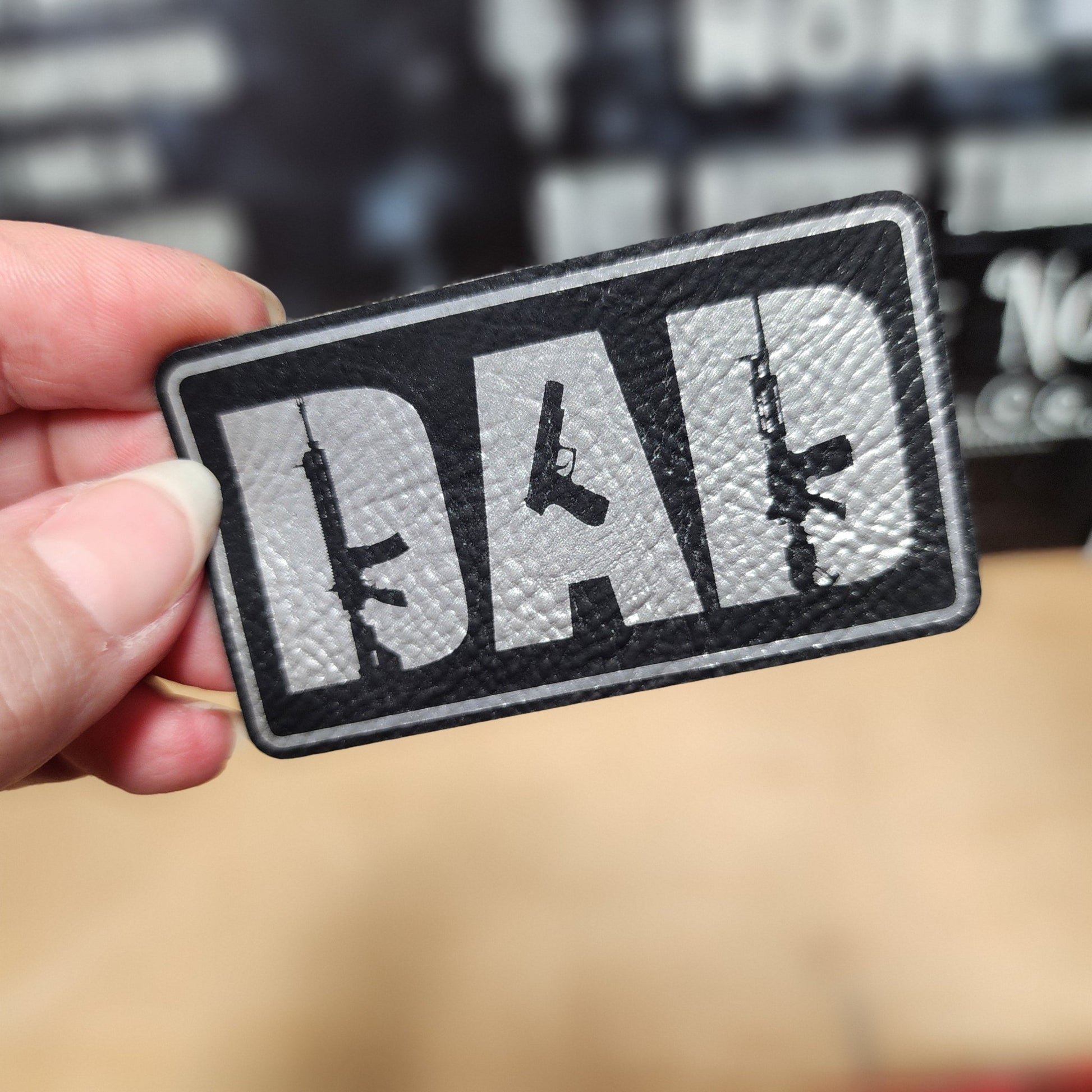 Dad Life Guns (Black Silver) Engraved Leatherette Hat Patch - MR01 - LoneStar Adhesive