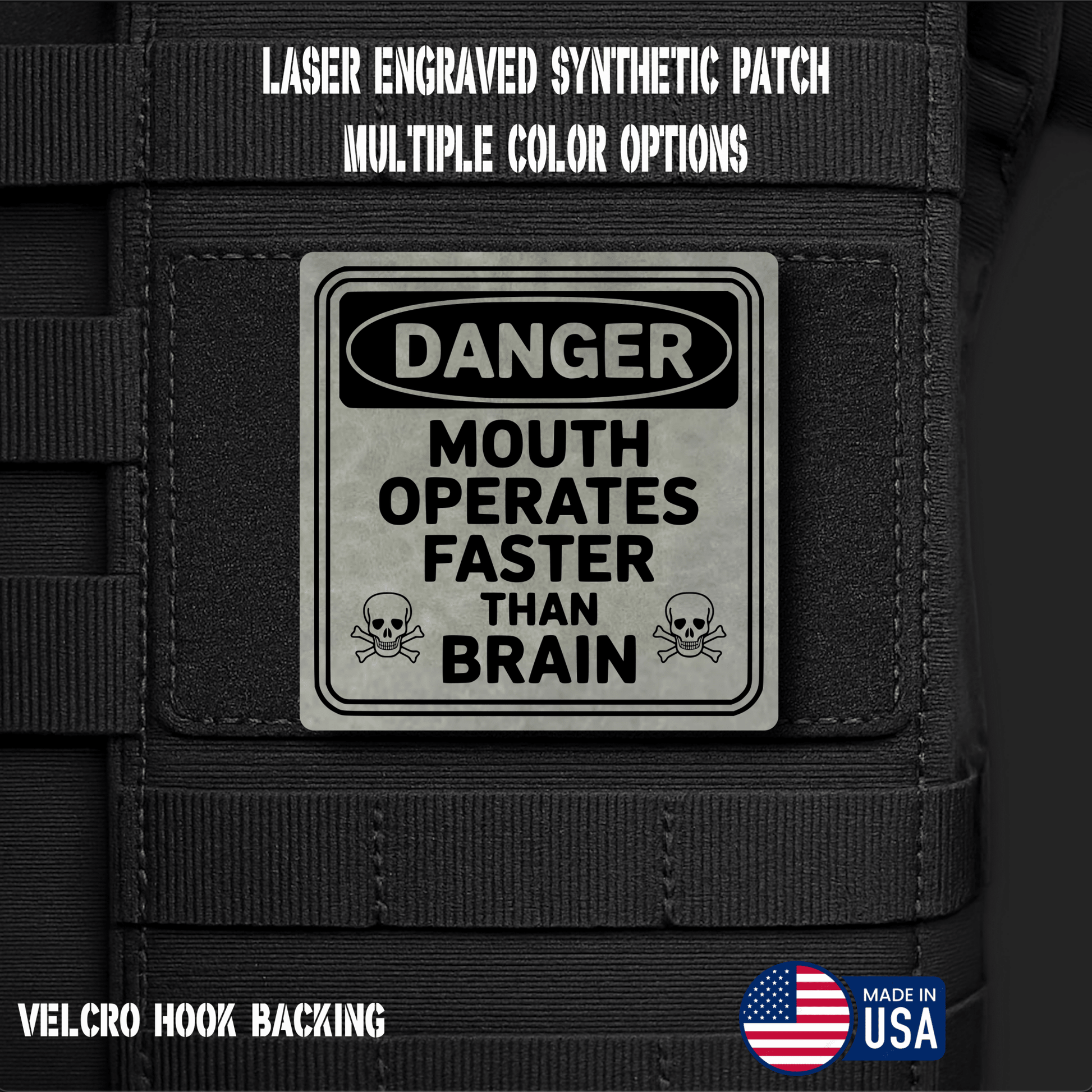 Danger Mouth Operates Faster than Brain Funny Morale Patch | Made in USA | VELCRO® Brand Hook Backing - LoneStar Adhesive