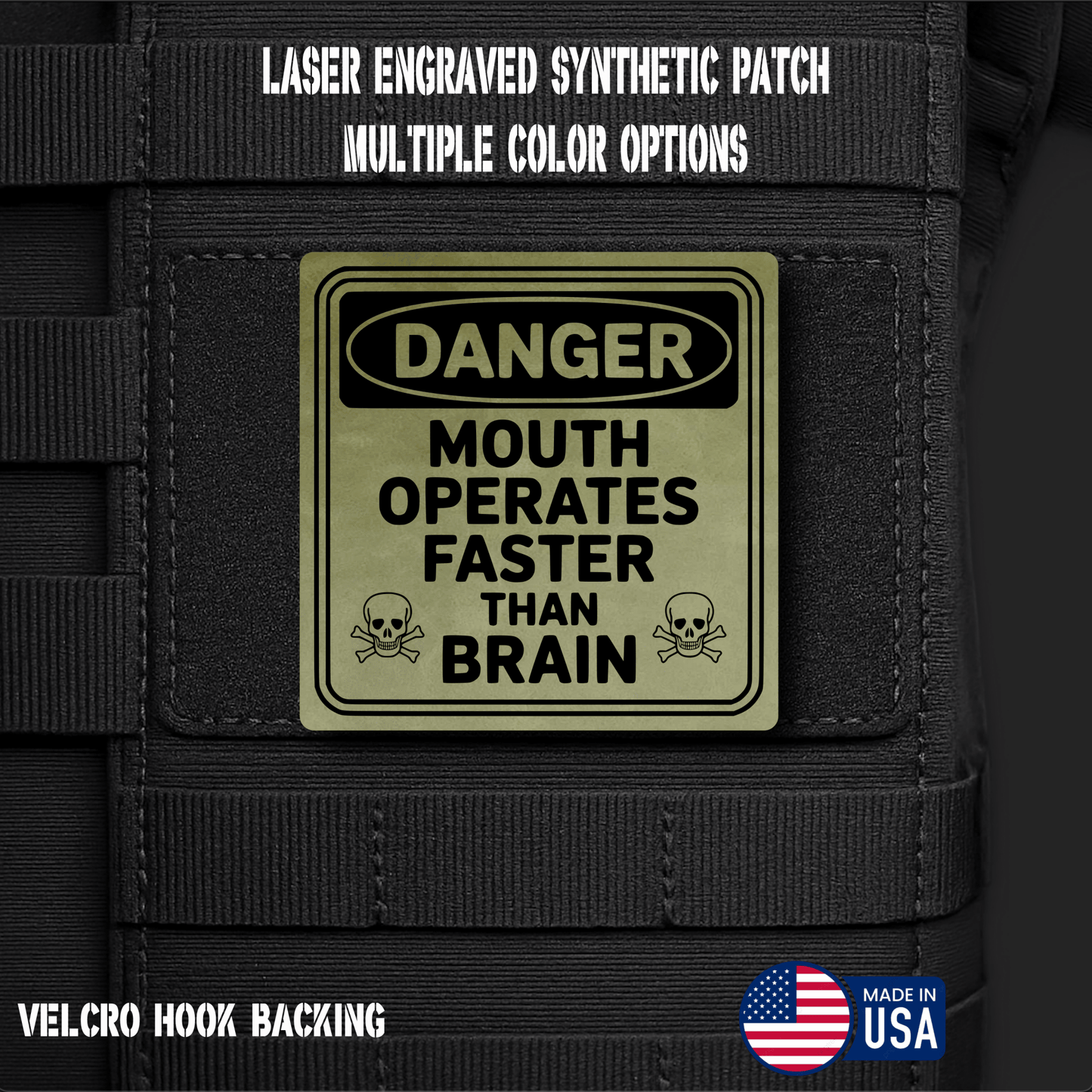 Danger Mouth Operates Faster than Brain Funny Morale Patch | Made in USA | VELCRO® Brand Hook Backing - LoneStar Adhesive