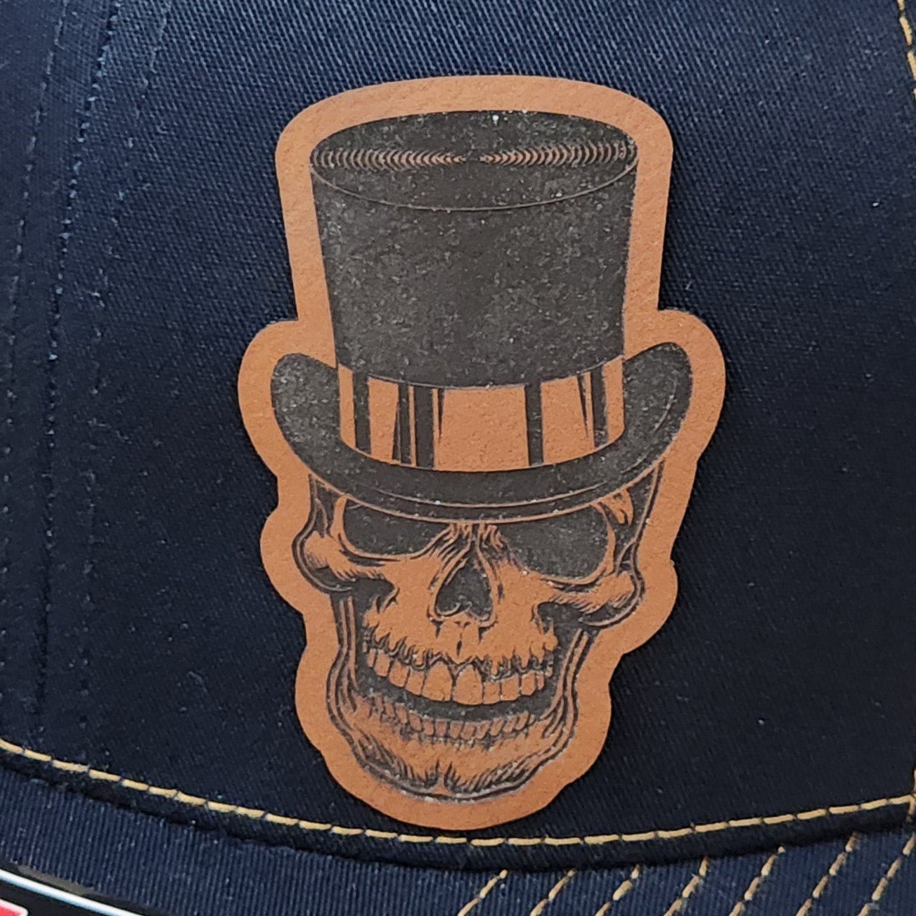 Dapper Skull with Top Hat Engraved Leatherette Hat Patch - MR01 - LoneStar Adhesive