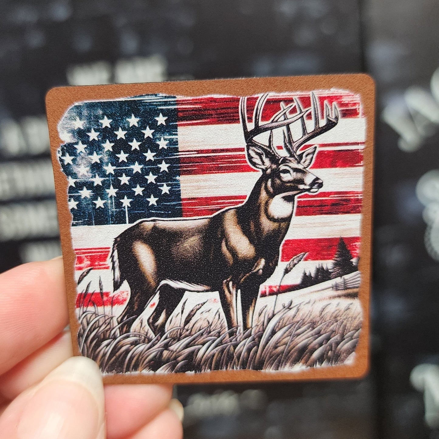 Deer American Flag UV Printed Leatherette Hat Patch - MR01 - LoneStar Adhesive