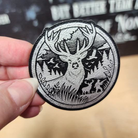 Deer in Wilderness (Black Silver) Engraved Leatherette Hat Patch - MR01 - LoneStar Adhesive