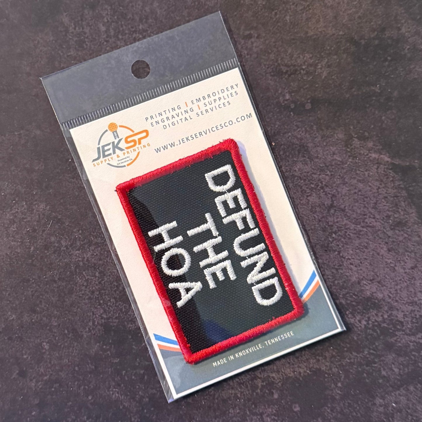 Defund the HOA Funny Morale Patch, 2x3" | Made in USA | VELCRO® Brand Hook Backing - LoneStar Adhesive