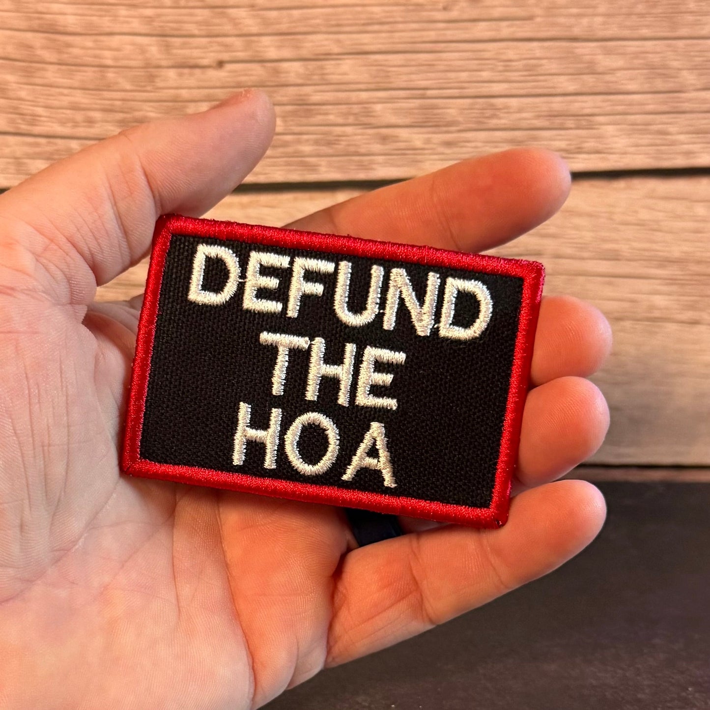 Defund the HOA Funny Morale Patch, 2x3" | Made in USA | VELCRO® Brand Hook Backing - LoneStar Adhesive