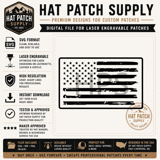 Distressed USA Flag Hat Patch SVG | American Flag Laser Engraving File | Patriotic Patch Design PNG PDF Digital Download - LoneStar Adhesive