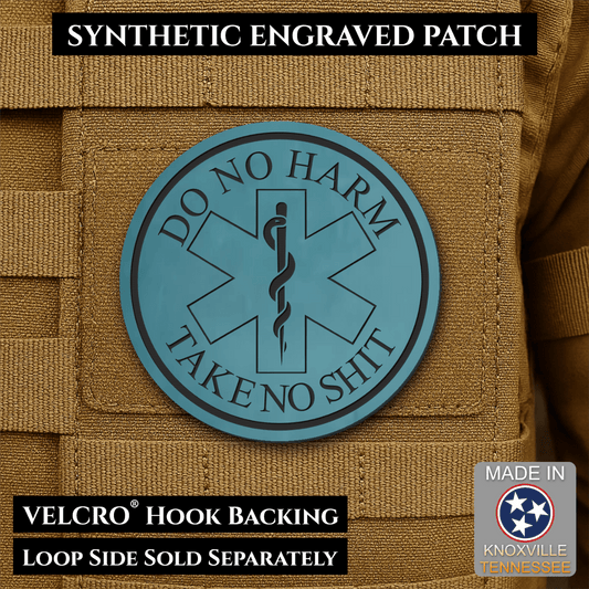 Front design and hook backing of Do No Harm, Take No Shit – EMT, Medic & Nurse patch in topaz blue