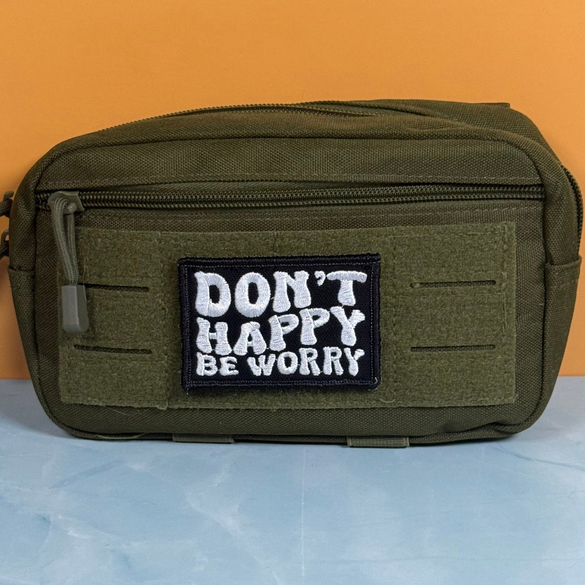Don't Happy, Be Worry Funny Morale Patch, 2x3" | Made in USA | VELCRO® Brand Hook Backing - LoneStar Adhesive