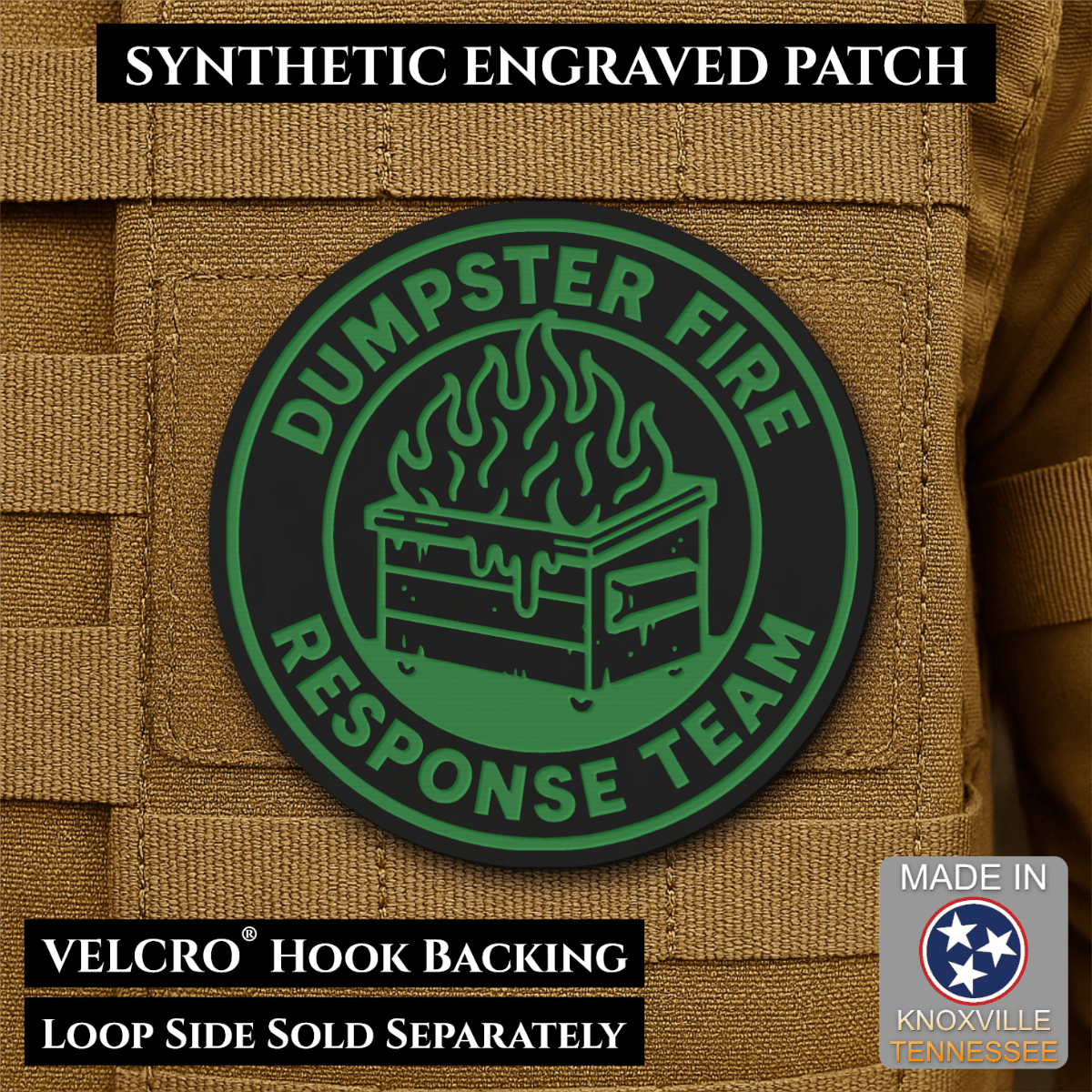 Front design and hook backing of Dumpster Fire Response Team patch in black with green design