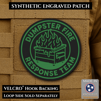 Front design and hook backing of Dumpster Fire Response Team patch in black with green design