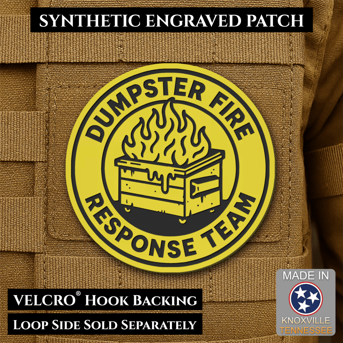 Front design and hook backing of Dumpster Fire Response Team patch in yellow with a black flaming dumpster illustration and lettering