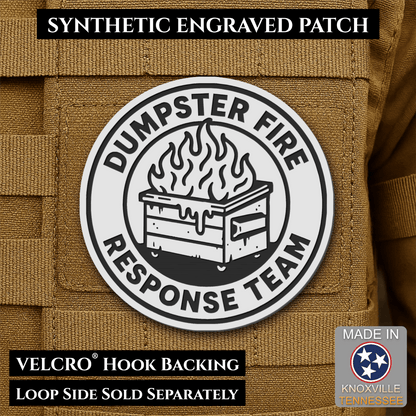 Front design and hook backing of Dumpster Fire Response Team patch in white with a black flaming dumpster illustration and lettering