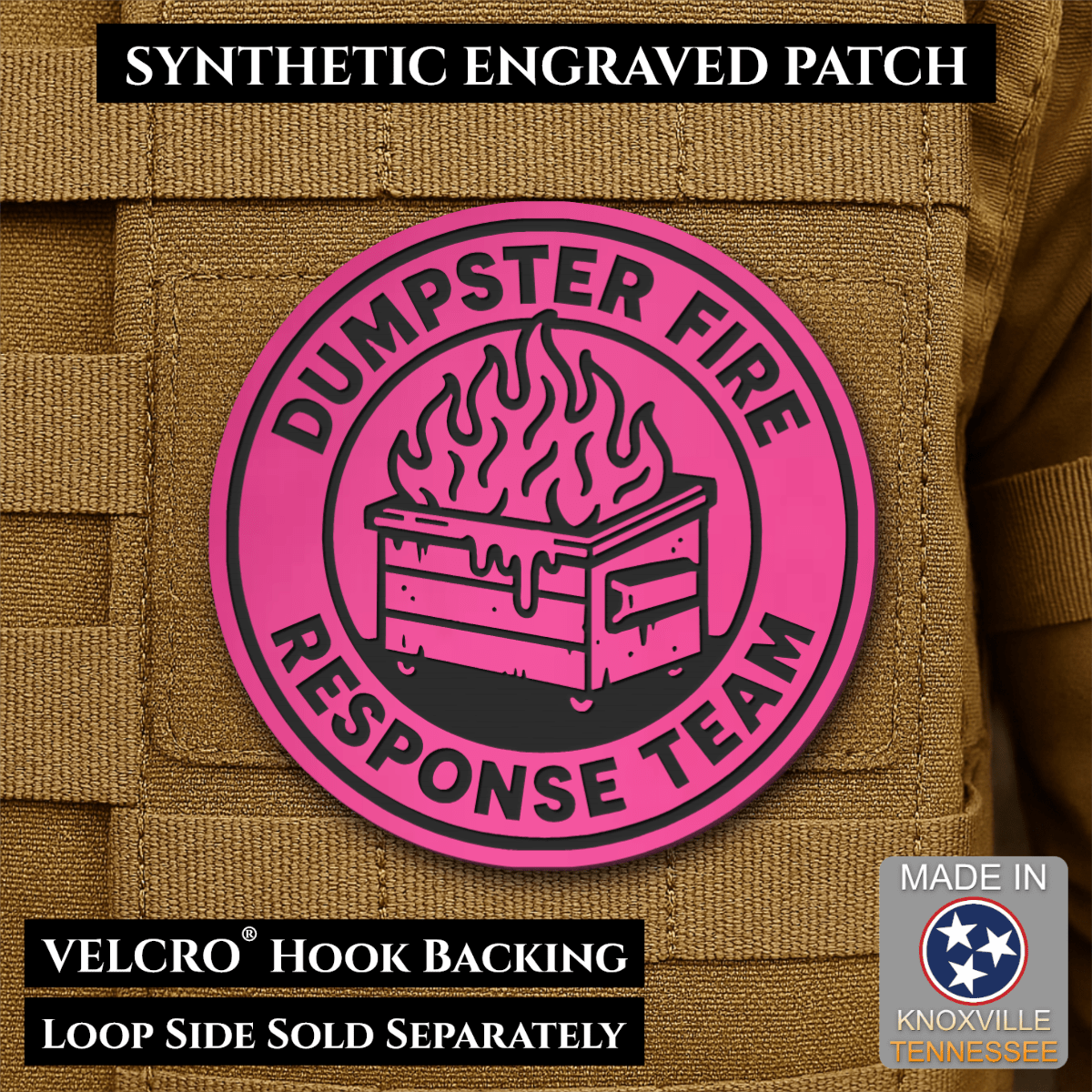 Front design and hook backing of Dumpster Fire Response Team patch in pink with a black flaming dumpster illustration and lettering