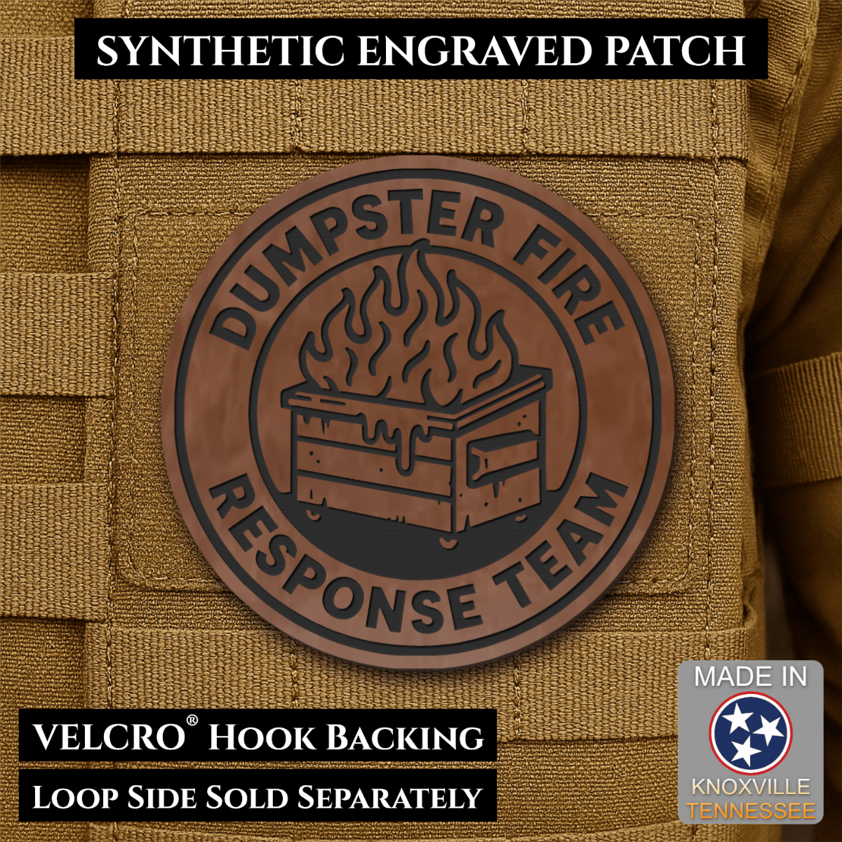 Front design and hook backing of Dumpster Fire Response Team patch in brown with a black flaming dumpster illustration and lettering