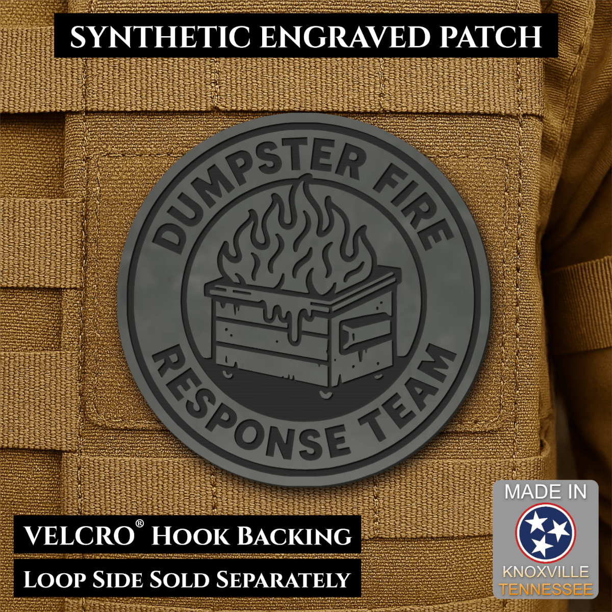 Front design and hook backing of Dumpster Fire Response Team patch in charcoal gray with a black flaming dumpster illustration and lettering