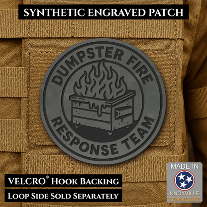 Front design and hook backing of Dumpster Fire Response Team patch in charcoal gray with a black flaming dumpster illustration and lettering