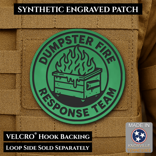 Front design and hook backing of Dumpster Fire Response Team patch in green with a black flaming dumpster illustration and lettering