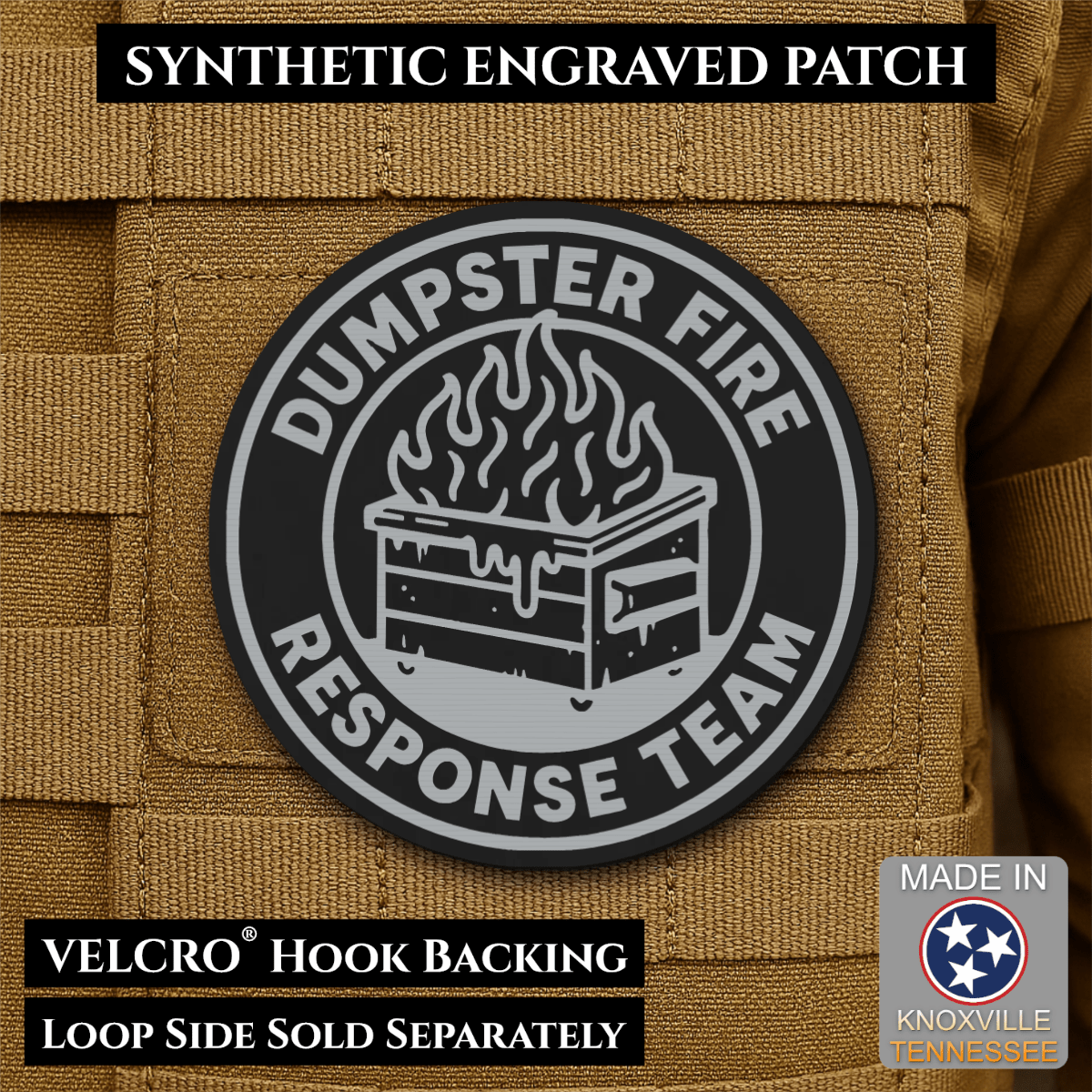 Front design and hook backing of Dumpster Fire Response Team patch in black with silver design
