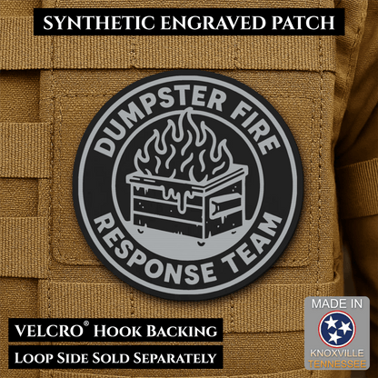 Front design and hook backing of Dumpster Fire Response Team patch in black with silver design
