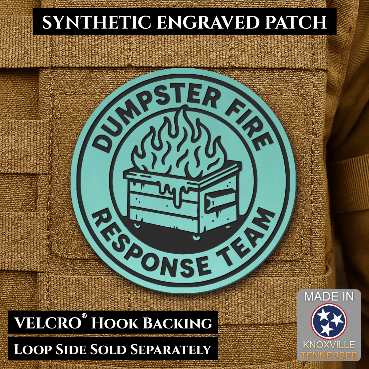 Front design and hook backing of Dumpster Fire Response Team patch in seafoam with a black flaming dumpster illustration and lettering