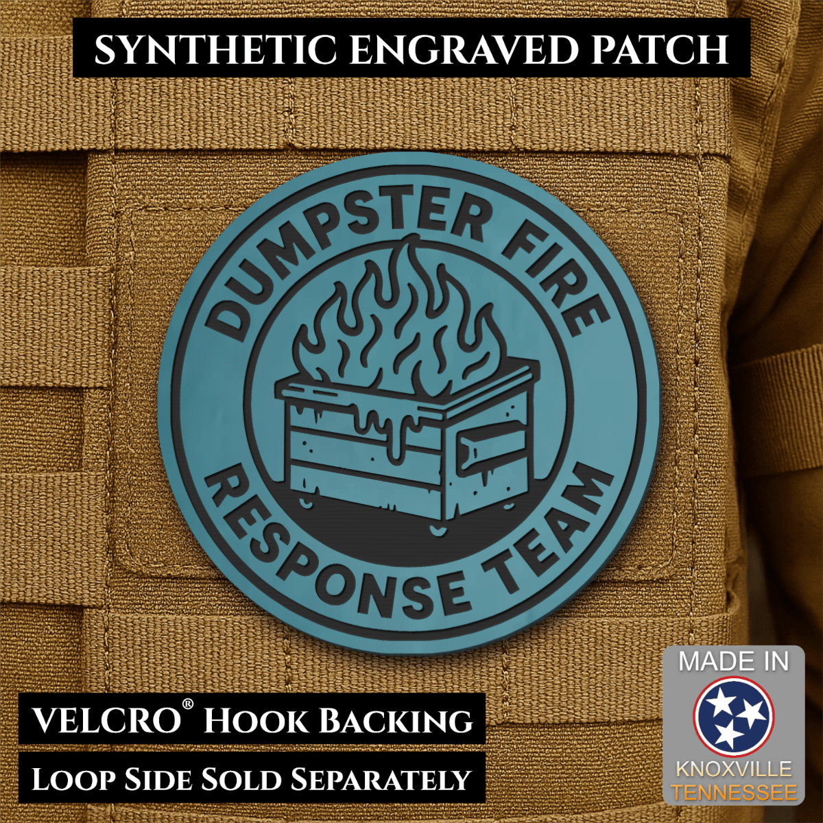 Front design and hook backing of Dumpster Fire Response Team patch in topaz blue with a black flaming dumpster illustration and lettering