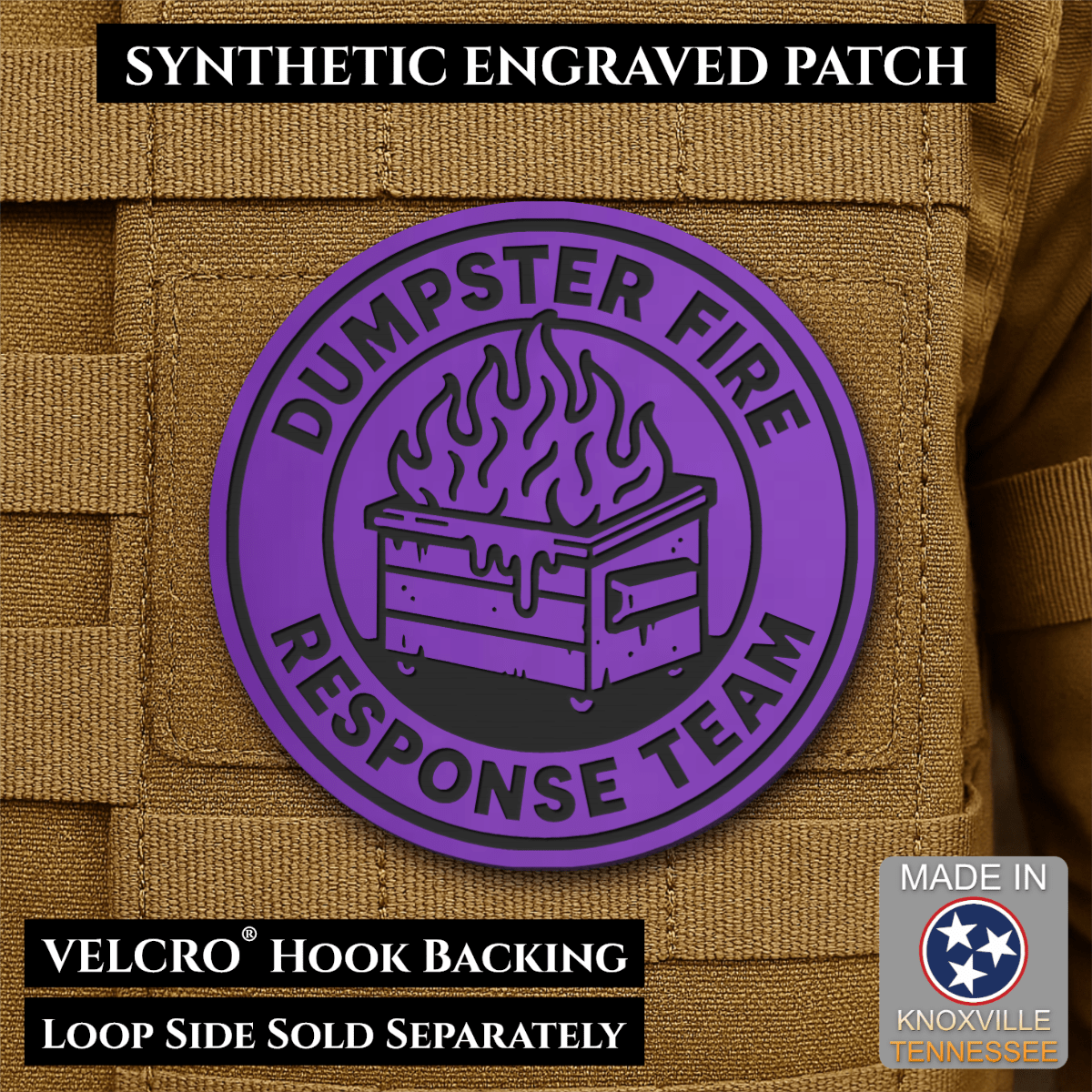 Front design and hook backing of Dumpster Fire Response Team patch in purple with a black flaming dumpster illustration and lettering