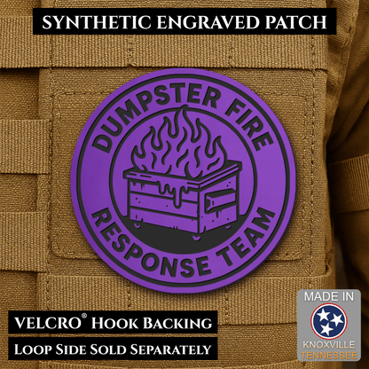 Front design and hook backing of Dumpster Fire Response Team patch in purple with a black flaming dumpster illustration and lettering