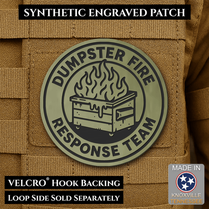 Front design and hook backing of Dumpster Fire Response Team patch in olive green with a black flaming dumpster illustration and lettering
