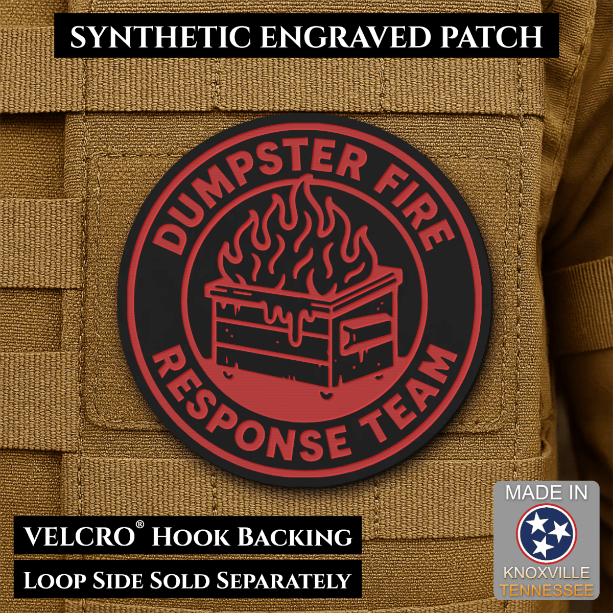 Front design and hook backing of Dumpster Fire Response Team patch in black with red design