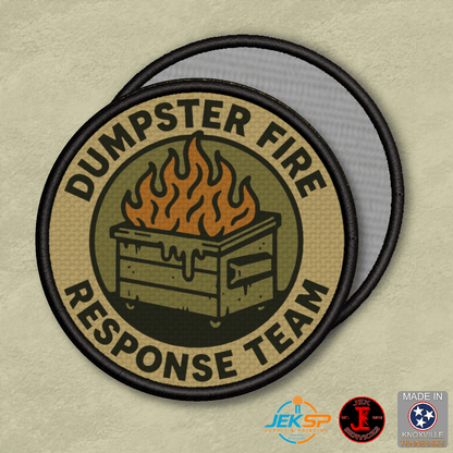 Dumpster Fire Response Team Funny Morale Patch, 3" Round | Made in USA | VELCRO® Brand Hook Backing - LoneStar Adhesive